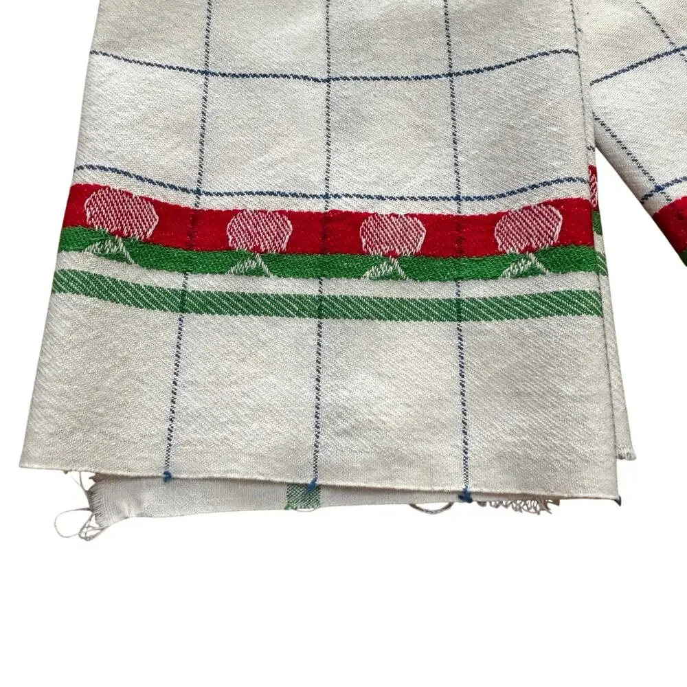 FIVE kitchen tea towels woven cotton cloth white blue red apple motif unfinished